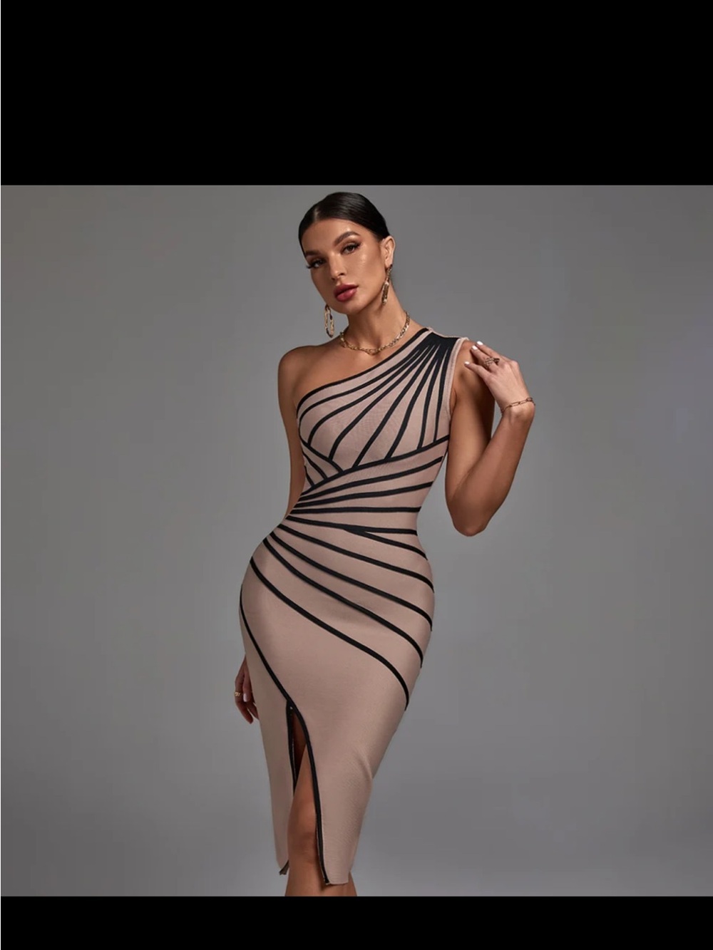 One-Shoulder Nude and Black Stripe Bodycon Dress